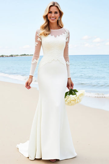 Ivory Illusion Neck Mermaid Satin Long Sleeve Wedding Dress With Appliques